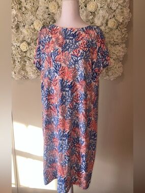 Talbots Coral and Blue Reef Print Dress Beachy Coastal